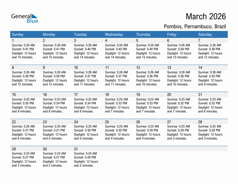Pombos March 2026 sunrise and sunset calendar in PDF, Excel, and Word