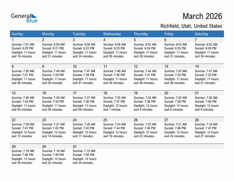 Richfield March 2026 sunrise and sunset calendar in PDF, Excel, and Word