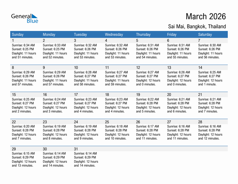 Sai Mai March 2026 sunrise and sunset calendar in PDF, Excel, and Word