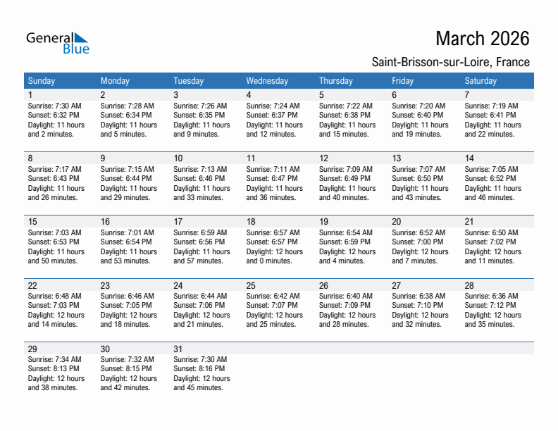Saint-Brisson-sur-Loire March 2026 sunrise and sunset calendar in PDF, Excel, and Word