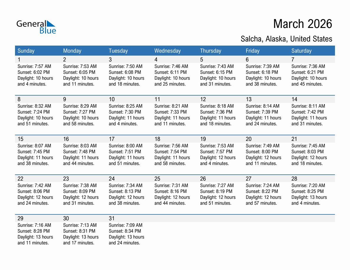 March 2026 sunrise and sunset calendar for Salcha