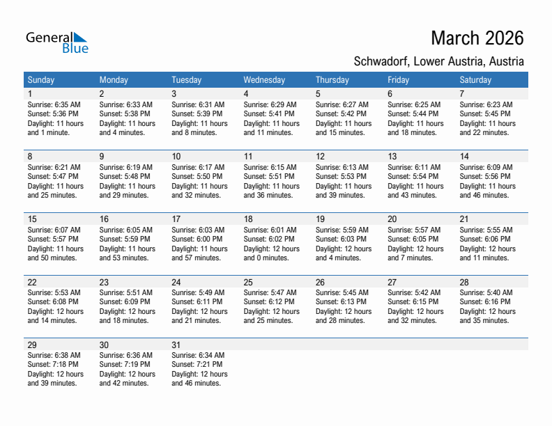 Schwadorf March 2026 sunrise and sunset calendar in PDF, Excel, and Word