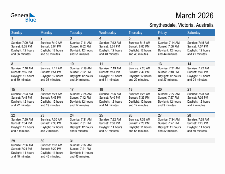Smythesdale March 2026 sunrise and sunset calendar in PDF, Excel, and Word