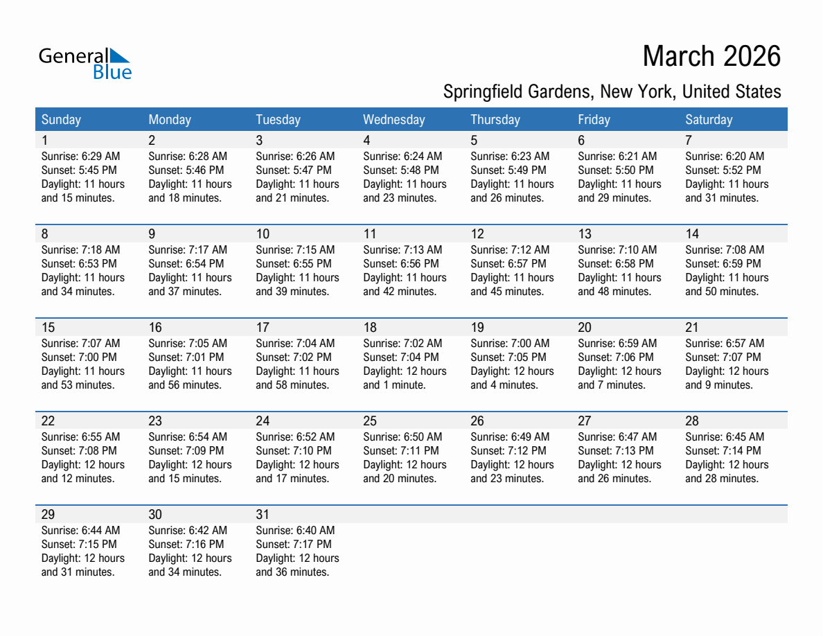 March 2026 sunrise and sunset calendar for Springfield Gardens