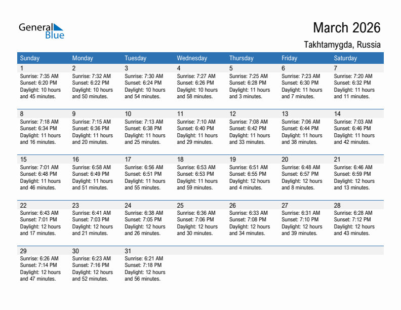Takhtamygda March 2026 sunrise and sunset calendar in PDF, Excel, and Word