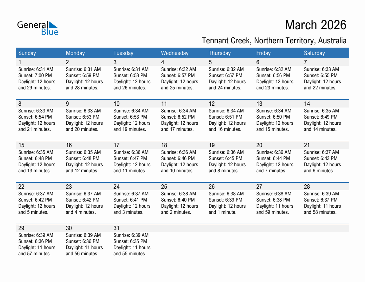 March 2026 sunrise and sunset calendar for Tennant Creek