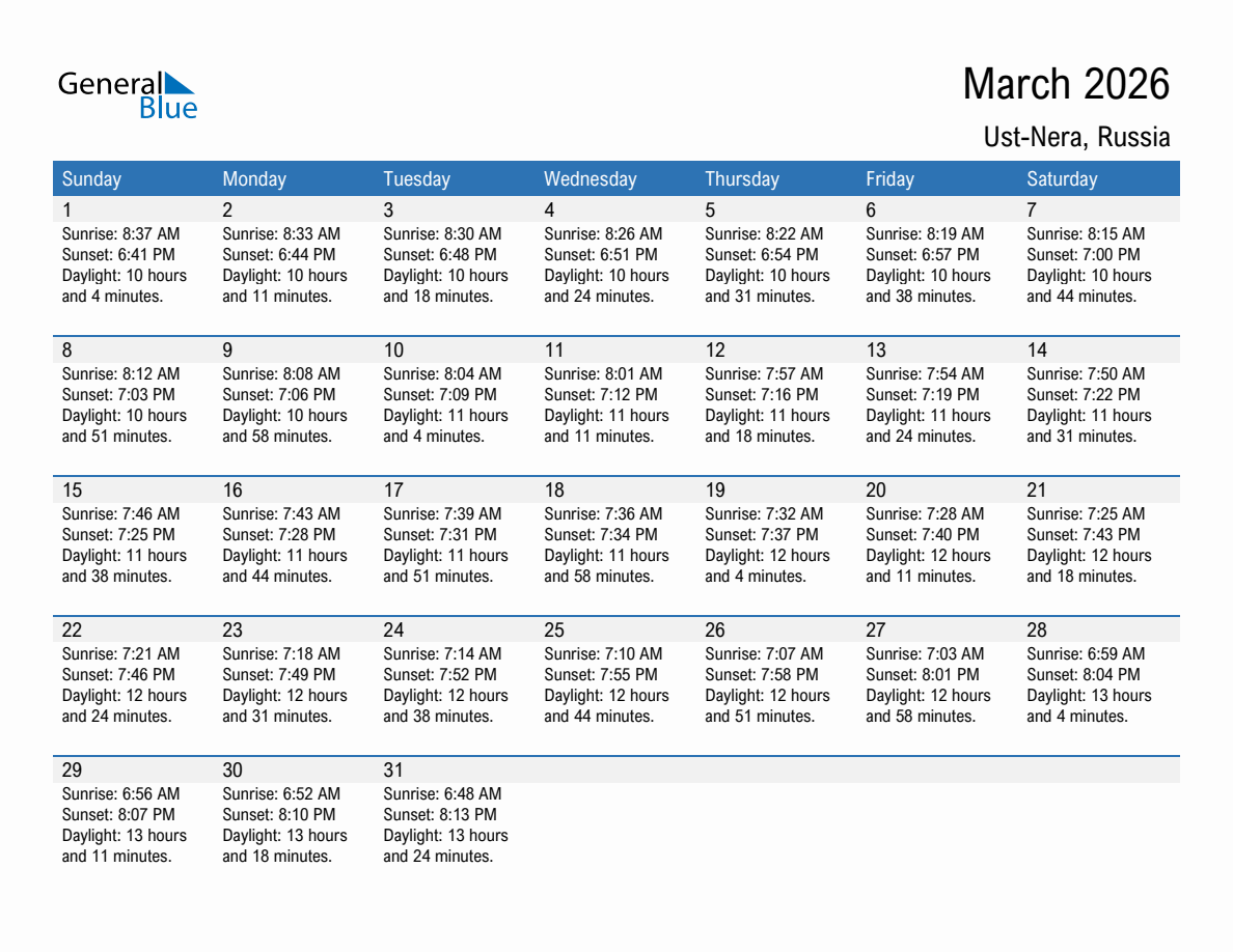 March 2026 sunrise and sunset calendar for Ust-Nera