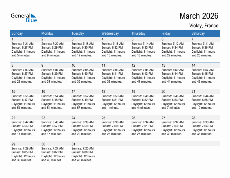 Violay March 2026 sunrise and sunset calendar in PDF, Excel, and Word