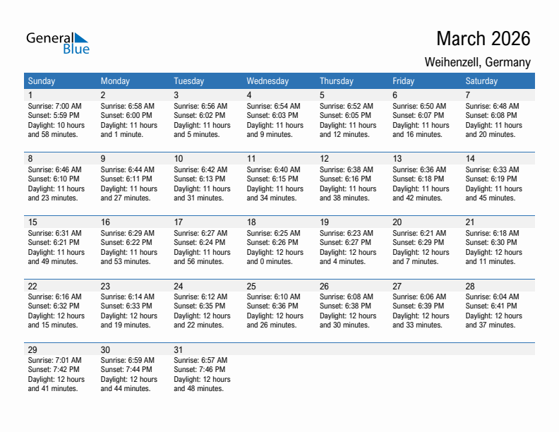 Weihenzell March 2026 sunrise and sunset calendar in PDF, Excel, and Word