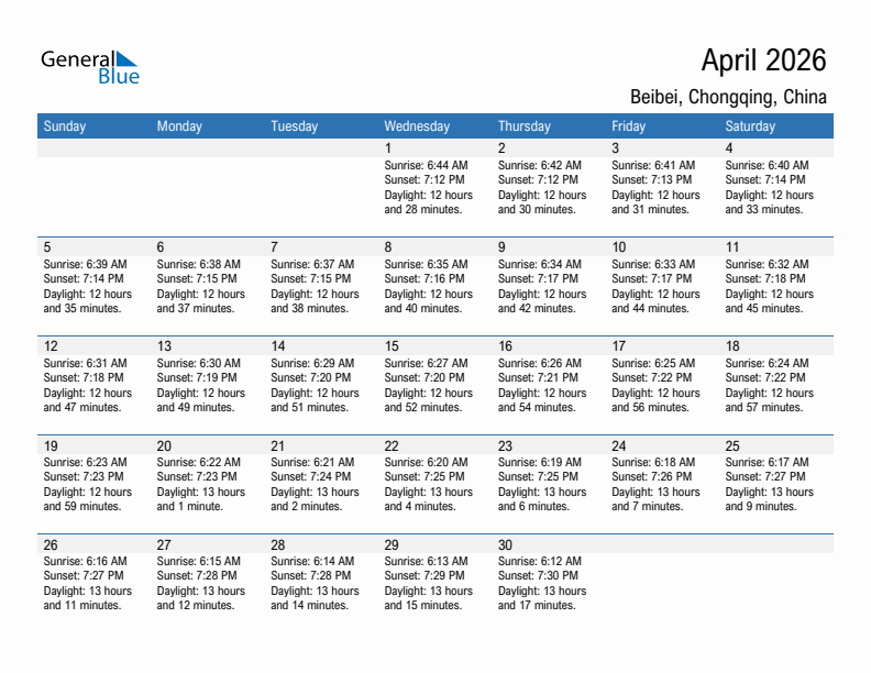 Beibei April 2026 sunrise and sunset calendar in PDF, Excel, and Word