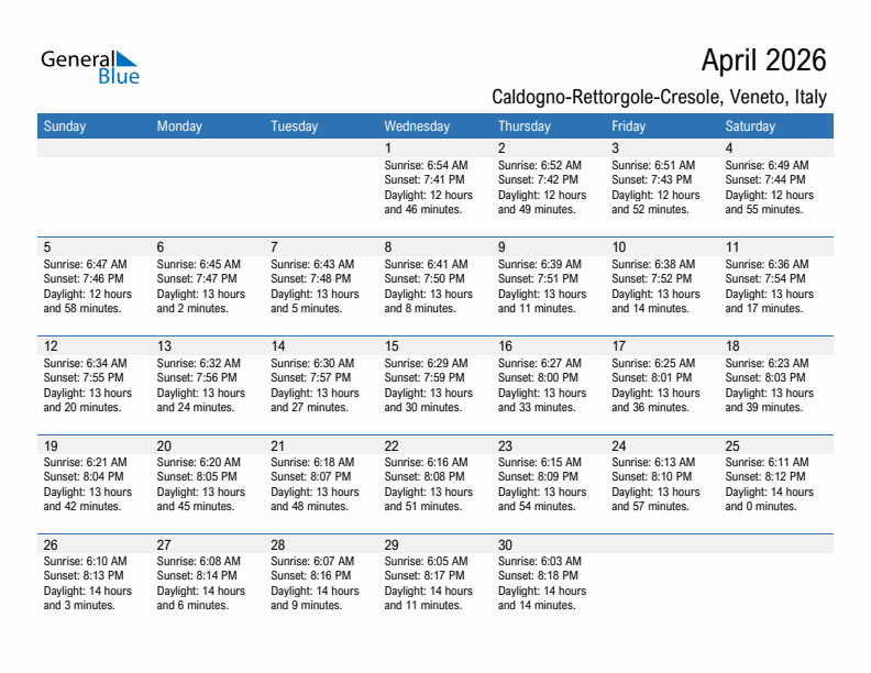 Caldogno-Rettorgole-Cresole April 2026 sunrise and sunset calendar in PDF, Excel, and Word