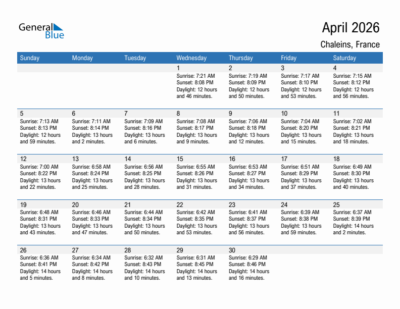 Chaleins April 2026 sunrise and sunset calendar in PDF, Excel, and Word
