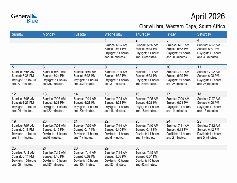 Clanwilliam April 2026 sunrise and sunset calendar in PDF, Excel, and Word