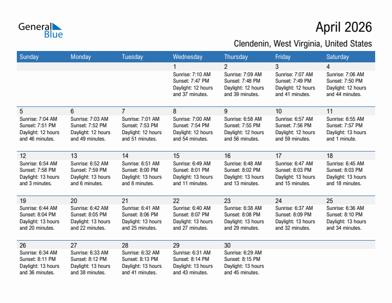 Clendenin April 2026 sunrise and sunset calendar in PDF, Excel, and Word
