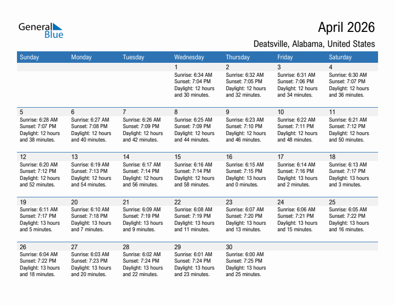 Deatsville April 2026 sunrise and sunset calendar in PDF, Excel, and Word