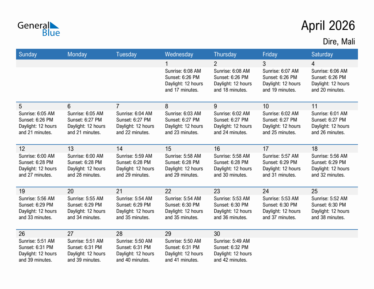April 2026 sunrise and sunset calendar for Dire