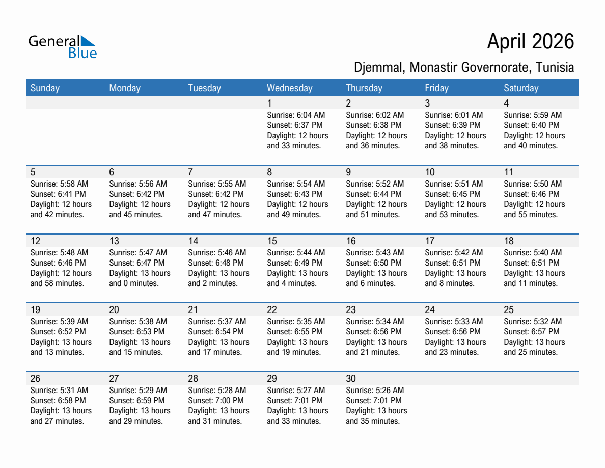 April 2026 sunrise and sunset calendar for Djemmal