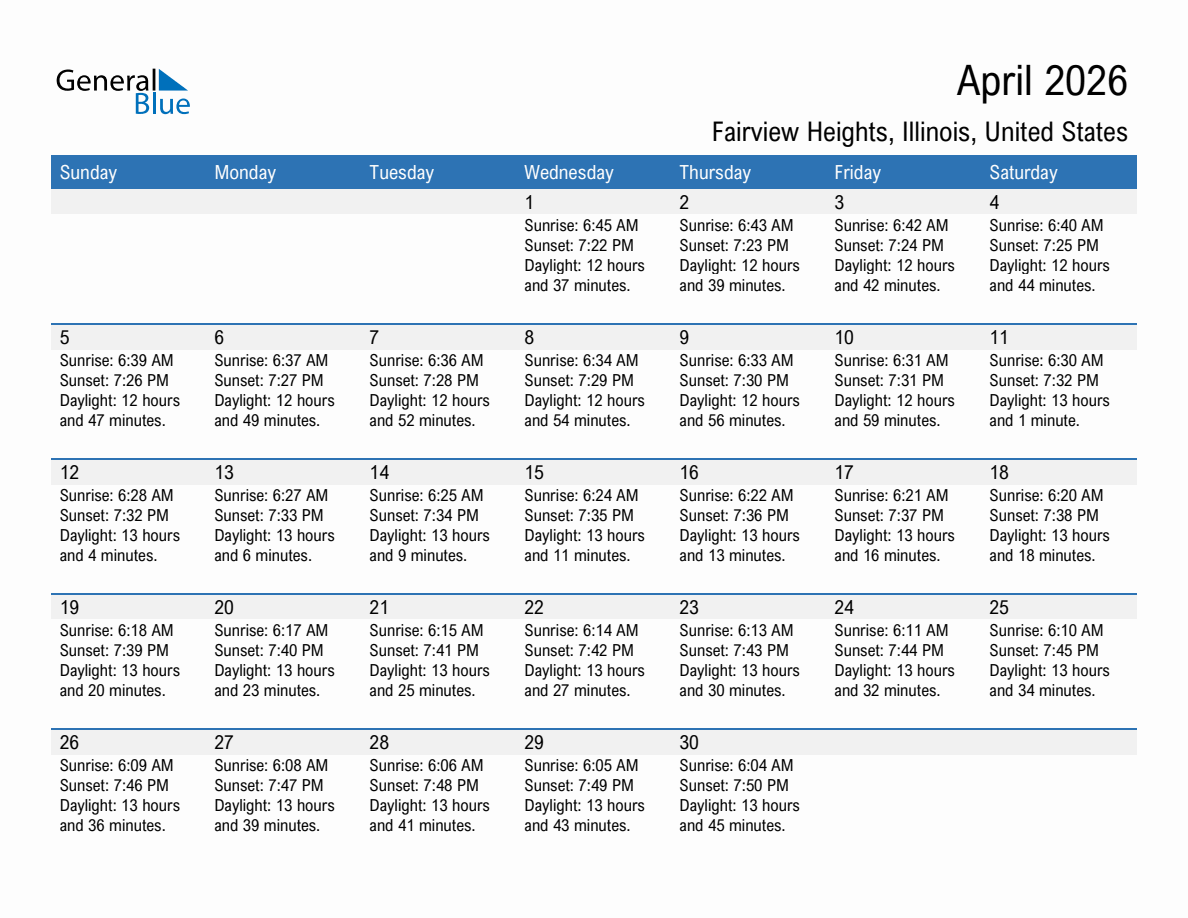 April 2026 sunrise and sunset calendar for Fairview Heights