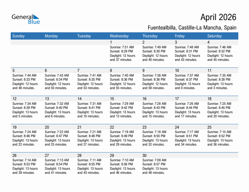 Fuentealbilla April 2026 sunrise and sunset calendar in PDF, Excel, and Word