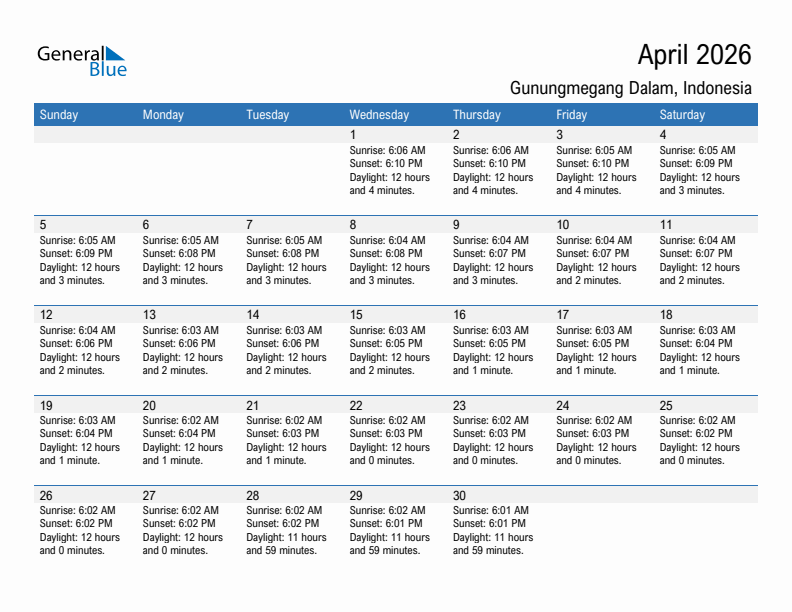 Gunungmegang Dalam April 2026 sunrise and sunset calendar in PDF, Excel, and Word