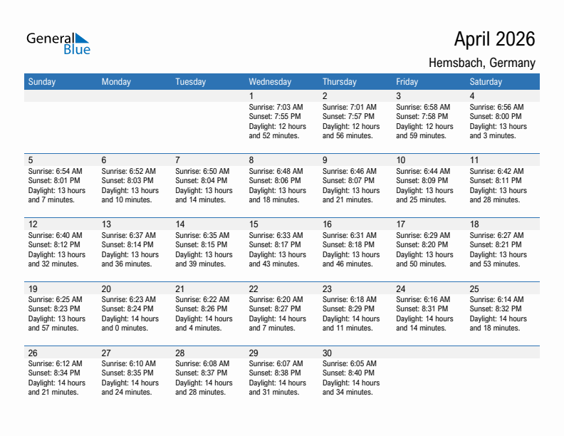 Hemsbach April 2026 sunrise and sunset calendar in PDF, Excel, and Word