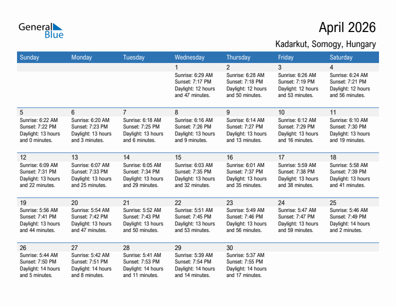 Kadarkut April 2026 sunrise and sunset calendar in PDF, Excel, and Word