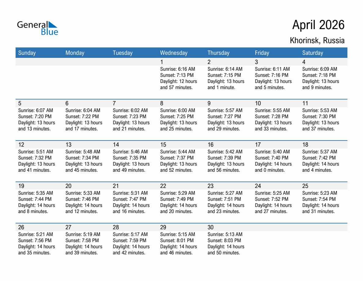 April 2026 sunrise and sunset calendar for Khorinsk