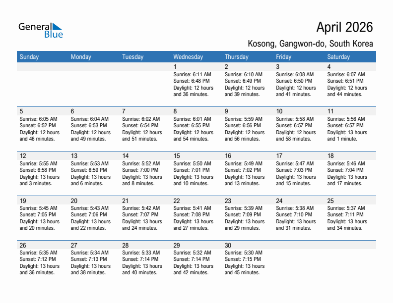 Kosong April 2026 sunrise and sunset calendar in PDF, Excel, and Word