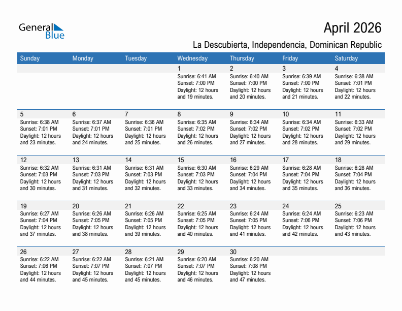 La Descubierta April 2026 sunrise and sunset calendar in PDF, Excel, and Word
