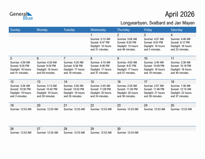Longyearbyen April 2026 sunrise and sunset calendar in PDF, Excel, and Word