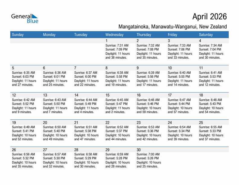 Mangatainoka April 2026 sunrise and sunset calendar in PDF, Excel, and Word