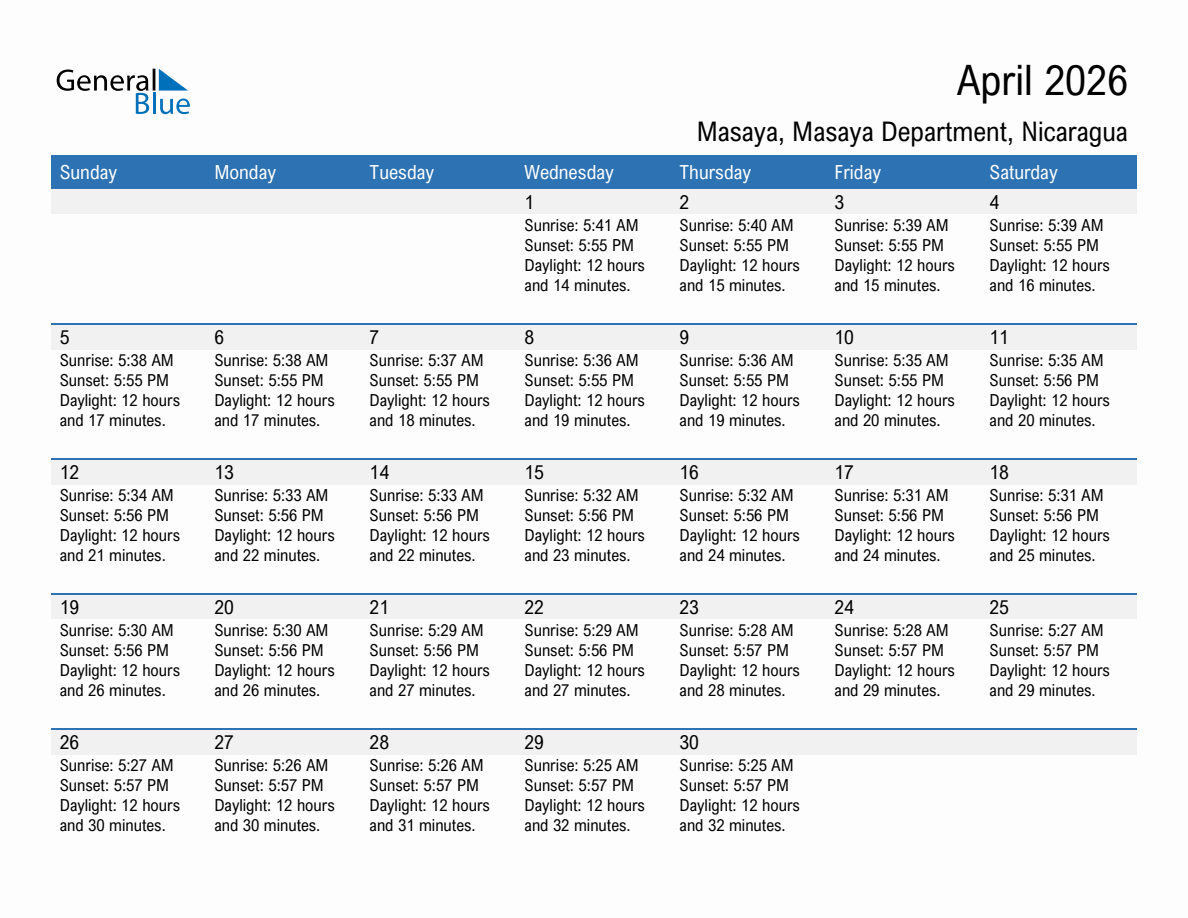 April 2026 sunrise and sunset calendar for Masaya