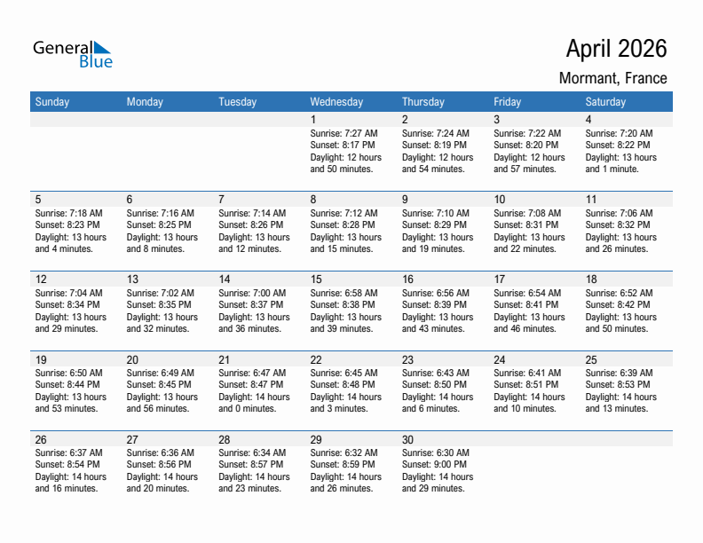 Mormant April 2026 sunrise and sunset calendar in PDF, Excel, and Word