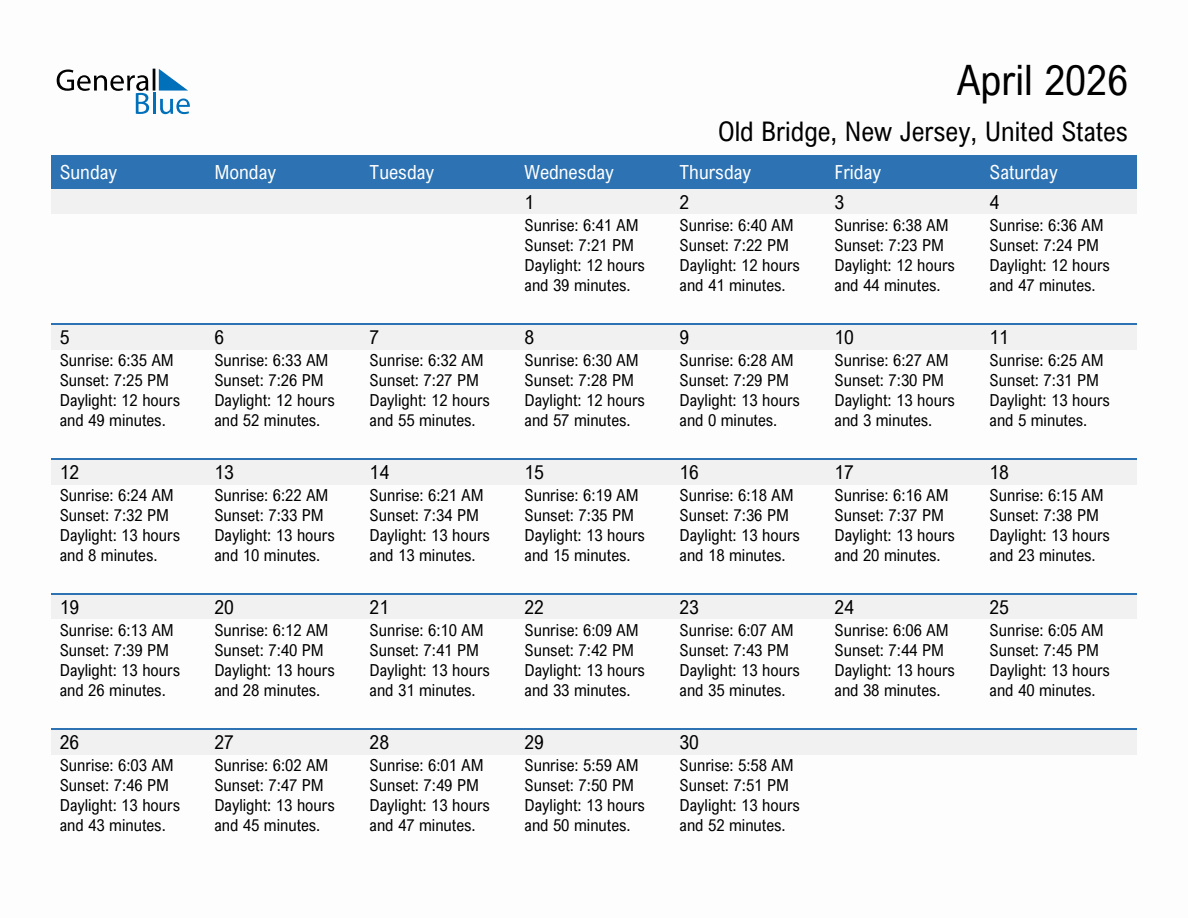 April 2026 sunrise and sunset calendar for Old Bridge