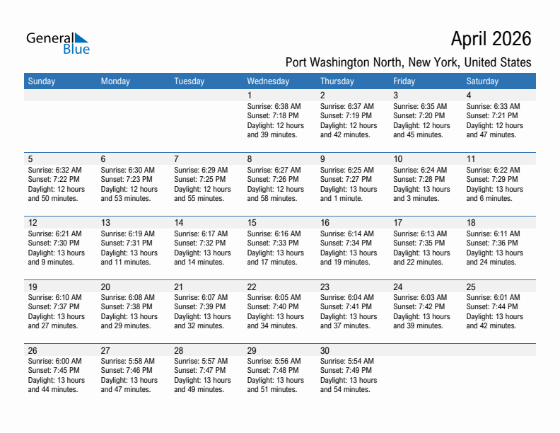 Port Washington North April 2026 sunrise and sunset calendar in PDF, Excel, and Word