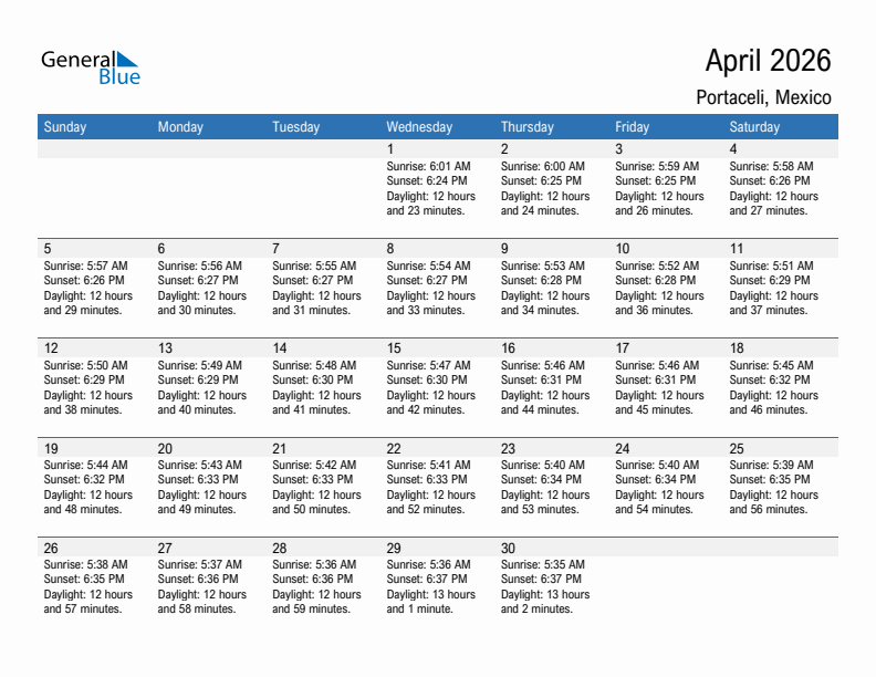 Portaceli April 2026 sunrise and sunset calendar in PDF, Excel, and Word