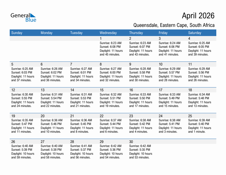 Queensdale April 2026 sunrise and sunset calendar in PDF, Excel, and Word