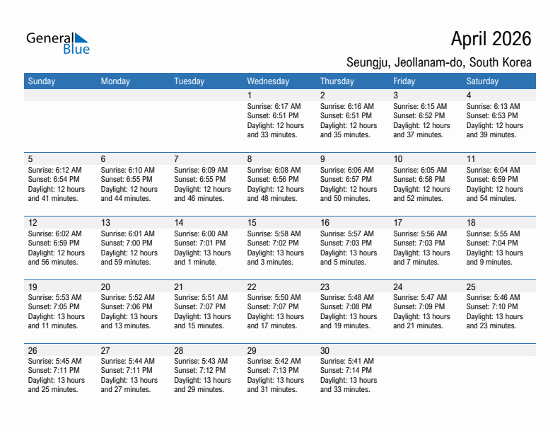 Seungju April 2026 sunrise and sunset calendar in PDF, Excel, and Word