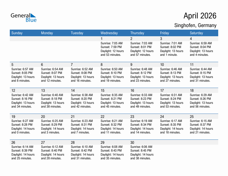 Singhofen April 2026 sunrise and sunset calendar in PDF, Excel, and Word