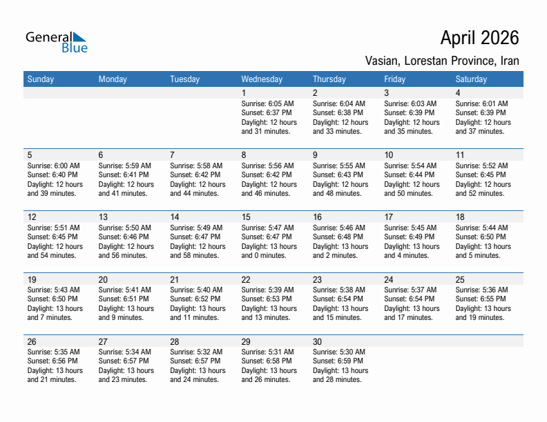 Vasian April 2026 sunrise and sunset calendar in PDF, Excel, and Word