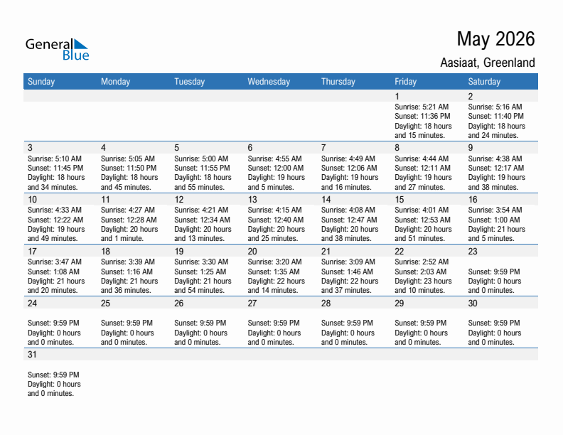 Aasiaat May 2026 sunrise and sunset calendar in PDF, Excel, and Word
