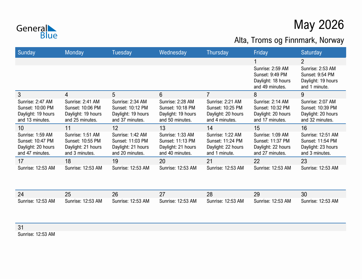 May 2026 sunrise and sunset calendar for Alta