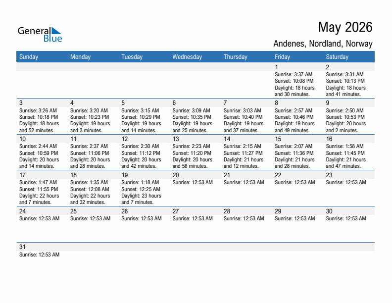 Andenes May 2026 sunrise and sunset calendar in PDF, Excel, and Word