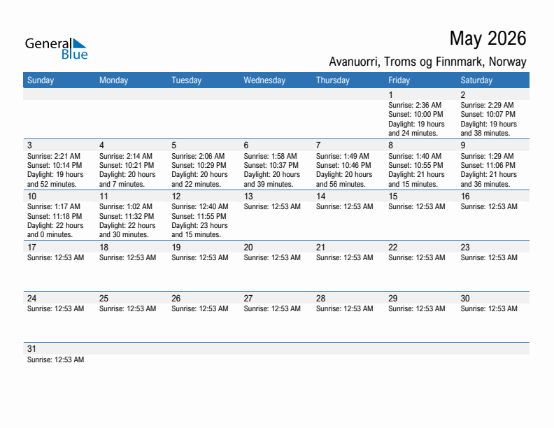 Avanuorri May 2026 sunrise and sunset calendar in PDF, Excel, and Word