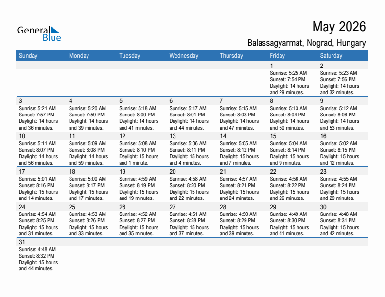 Balassagyarmat May 2026 sunrise and sunset calendar in PDF, Excel, and Word
