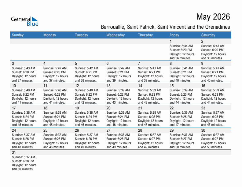 Barrouallie May 2026 sunrise and sunset calendar in PDF, Excel, and Word