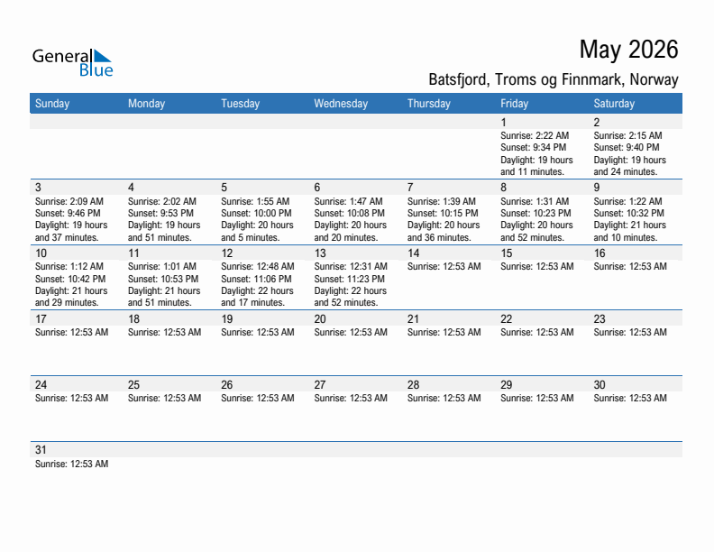 Batsfjord May 2026 sunrise and sunset calendar in PDF, Excel, and Word