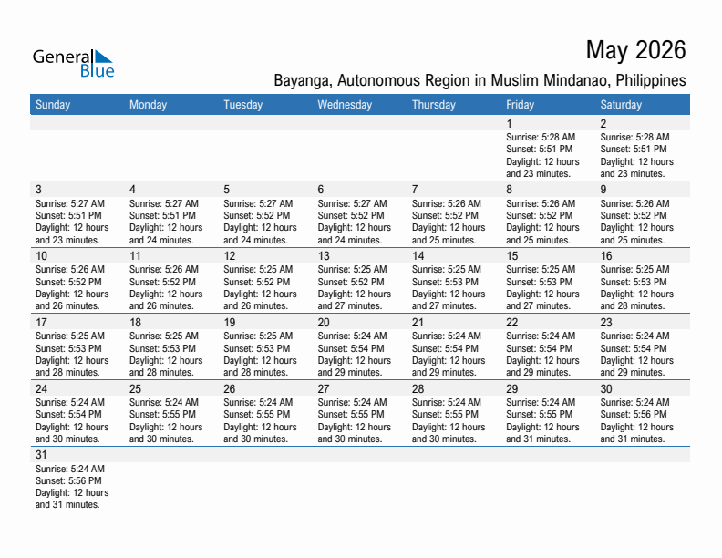 Bayanga May 2026 sunrise and sunset calendar in PDF, Excel, and Word