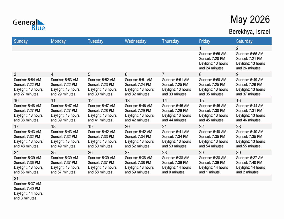 May 2026 sunrise and sunset calendar for Berekhya