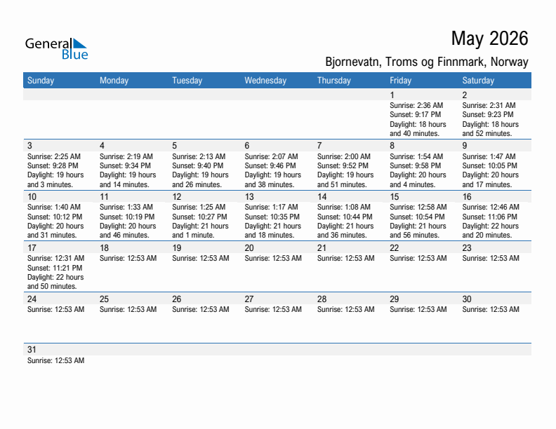 Bjornevatn May 2026 sunrise and sunset calendar in PDF, Excel, and Word
